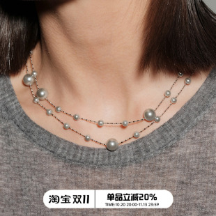 【CnHnOn脂肪商店】星空裸链麻灰色珍珠渐变叠戴长款项链毛衣链