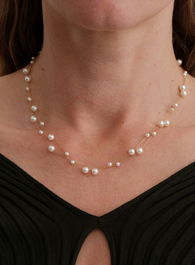 【CnHnOn脂肪商店】细金线串珠散落珍珠悬浮镂空链条多层叠戴项链