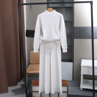 2024新款重工扭花时尚套装白色女装套头半高领毛针织衫阔腿裤套装