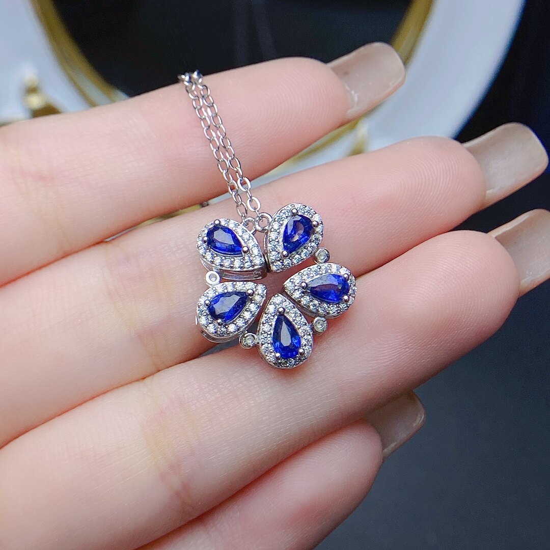 爆款925银天然蓝宝石吊坠女镶花瓣宝石首饰轻奢银饰项链一款两带