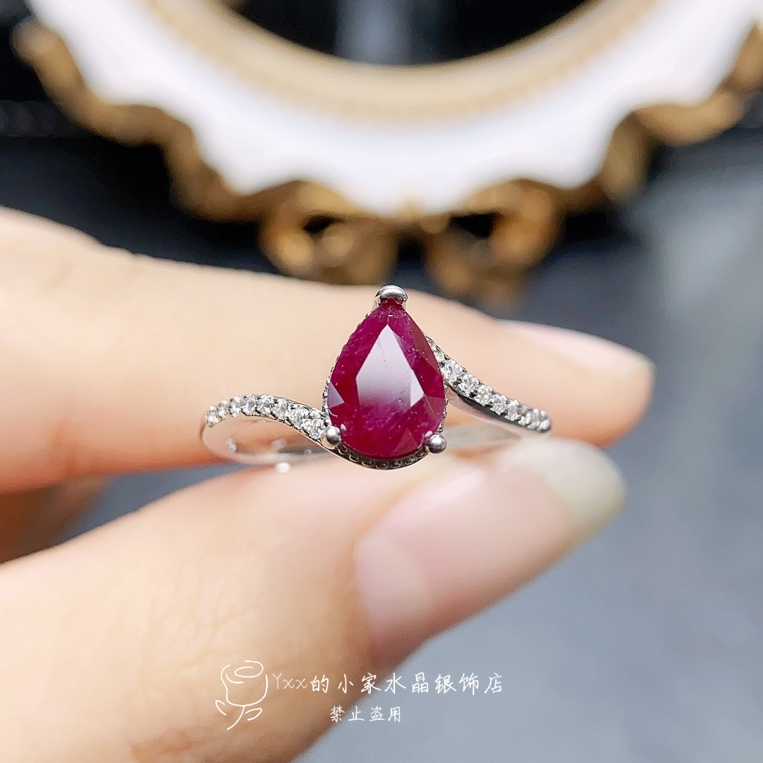 天然红宝石戒指女纯银镶嵌宝石6乘8老烧水滴款时尚银饰开口指环