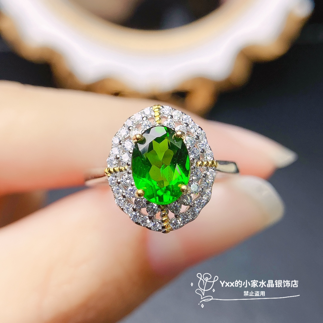 天然透辉石戒指女 纯银镶嵌宝石6乘8星莲镀18K铂金银饰复古花戒