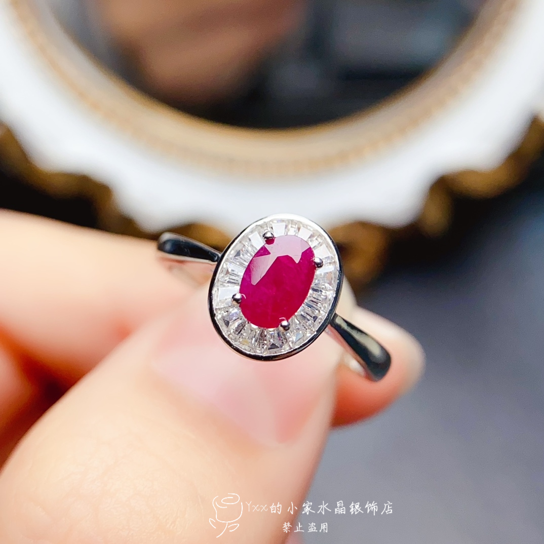 天然红宝石戒指女纯银镶嵌宝石4乘6老烧简约个性时尚银饰开口指环
