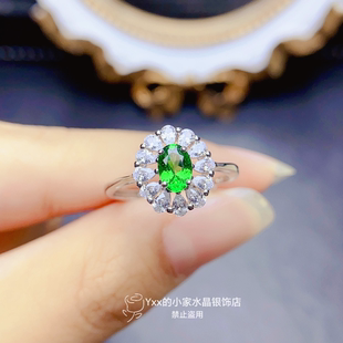 天然沙弗莱戒指女 纯银镶嵌宝石4乘6新款闪亮绿宝石银饰时尚指环