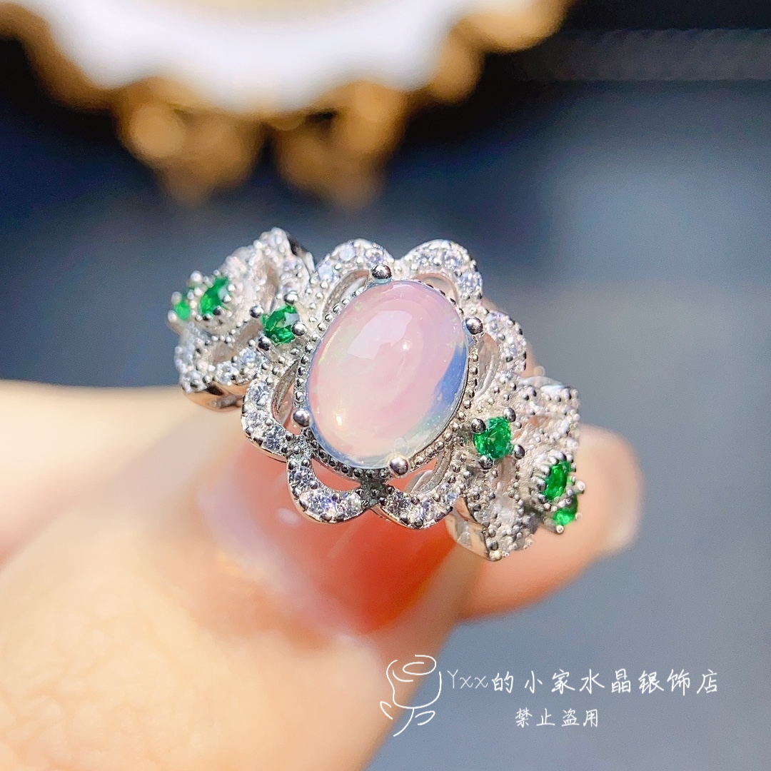 天然欧泊戒指女纯银镶嵌宝石6乘8个性宫廷风火彩爆闪银饰指环