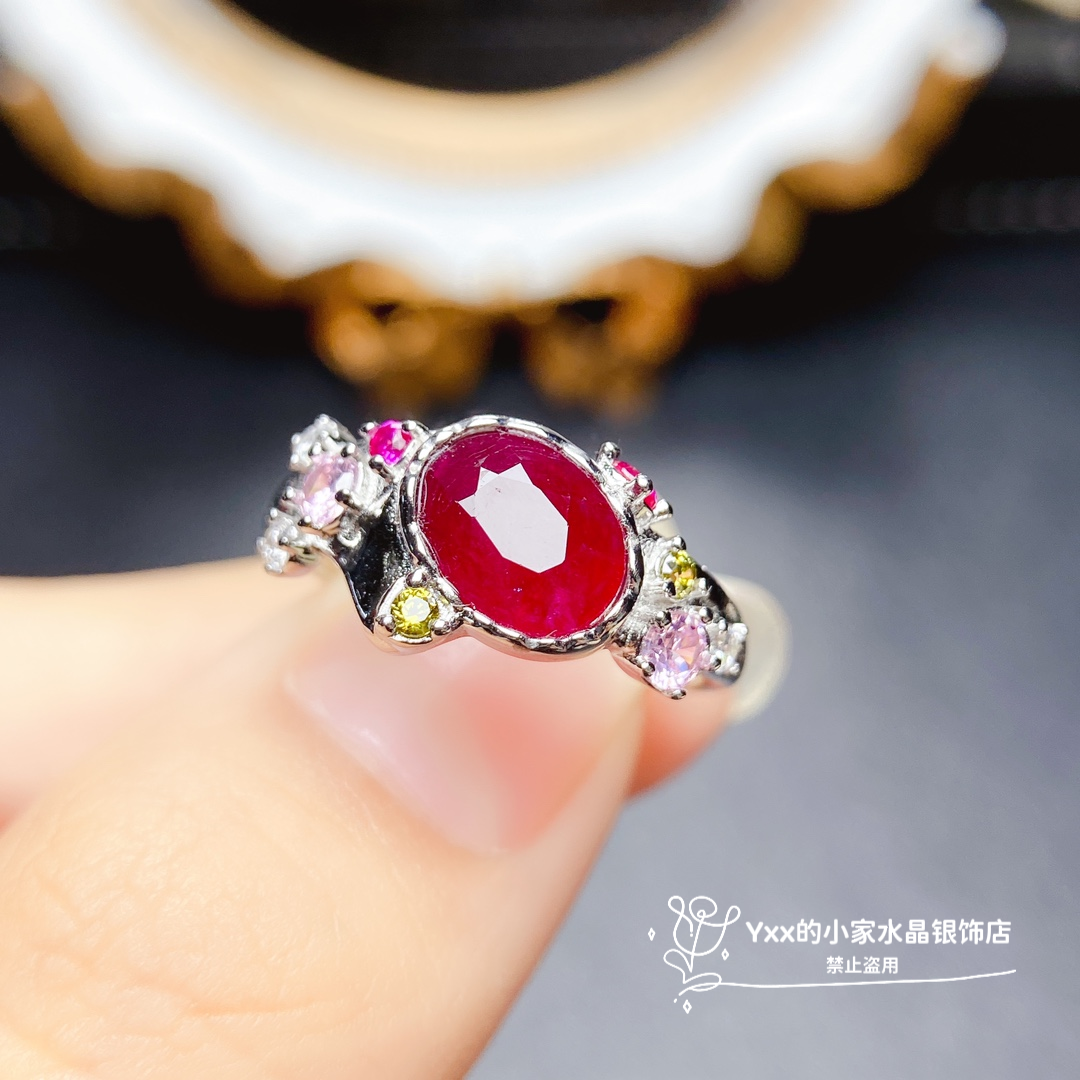 天然红宝石戒指女 纯银镶嵌宝石6乘8老烧宫廷风银饰指环开口戒