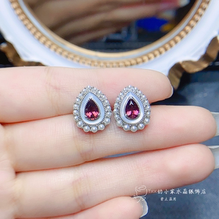 天然碧玺耳钉女 纯银银镶嵌宝石4乘6白贝母水滴气质时尚银饰耳饰