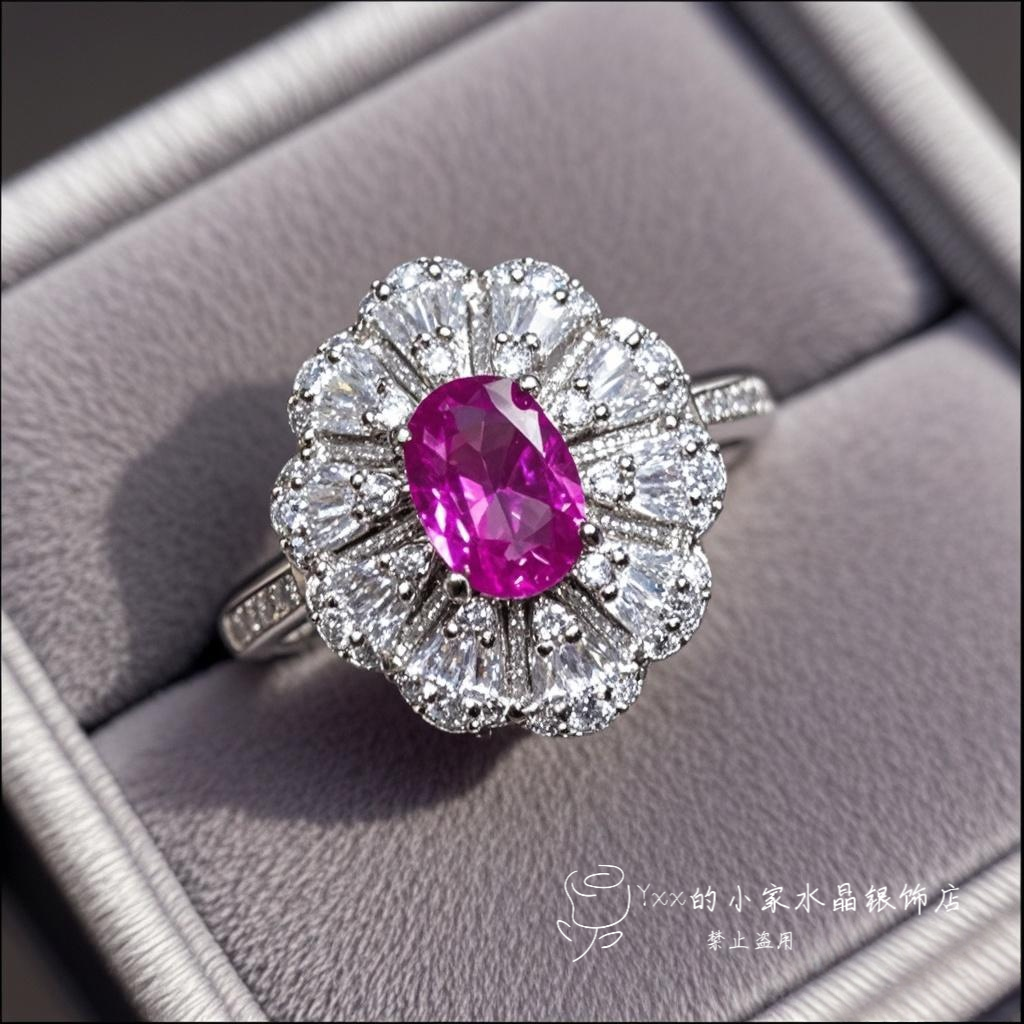 天然碧玺戒指女 纯银镶嵌水晶5乘7气质粉碧玺卢比莱精美银饰指环