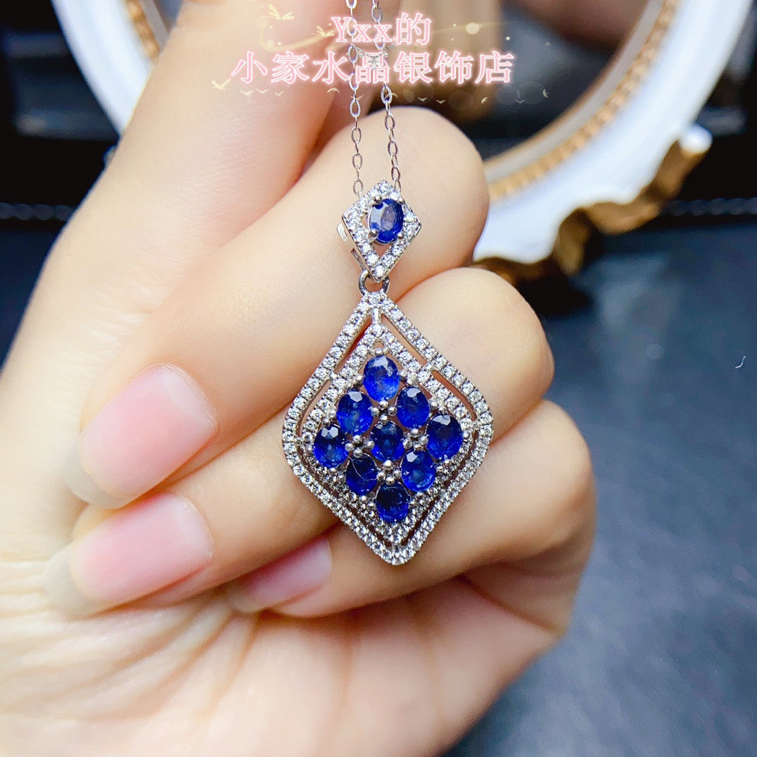 天然蓝宝石吊坠女 纯银镶嵌宝石3乘4菱形气质轻奢锁骨银饰项链