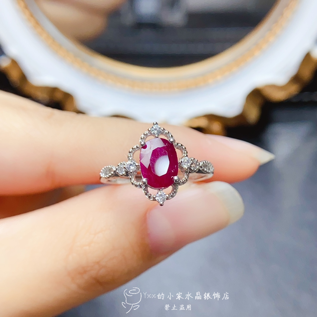 天然红宝石戒指女纯银镶嵌宝石6乘8老烧经典款时尚银饰开口指环