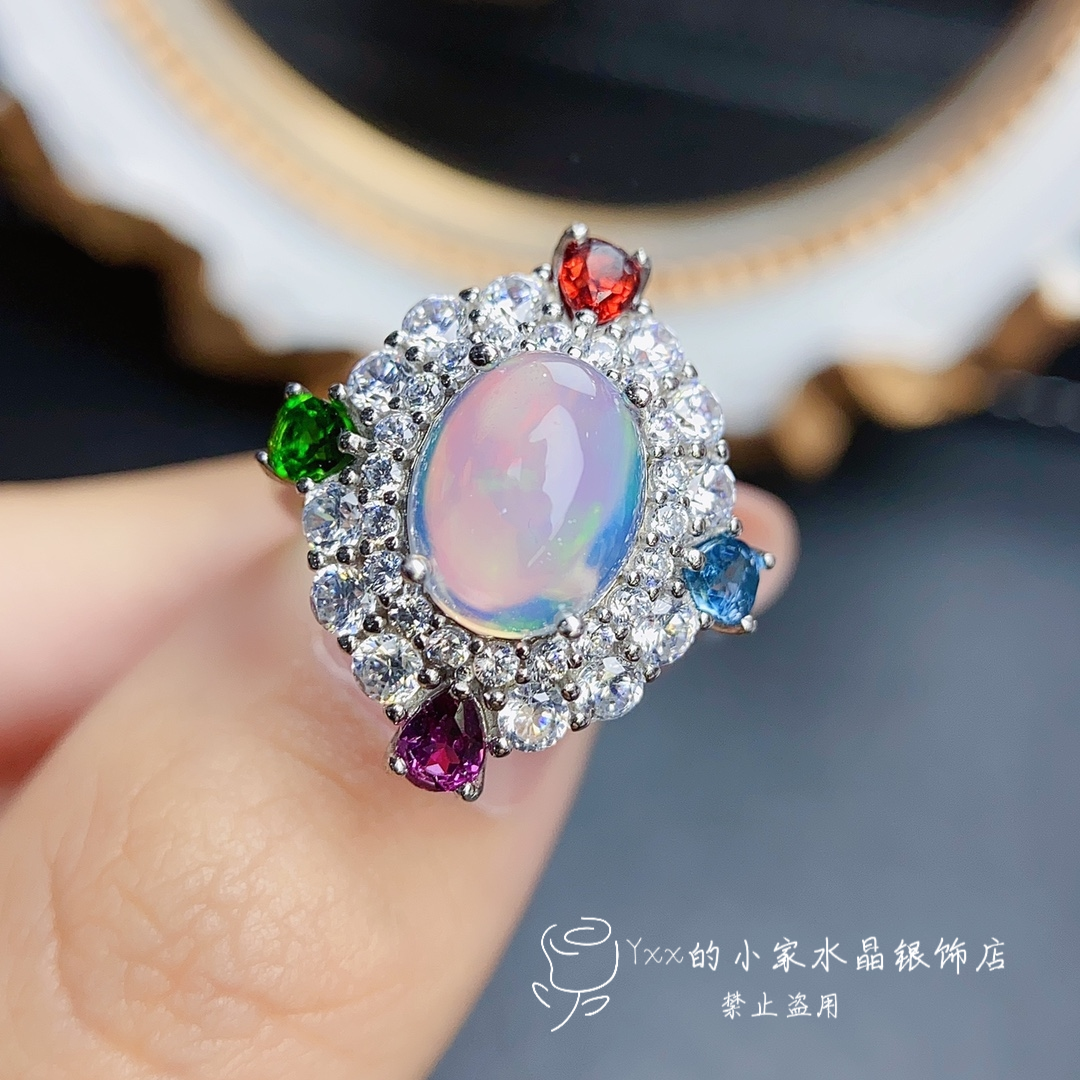 天然欧泊戒指女纯银镶嵌宝石8乘10个性时尚火彩爆闪银饰指环