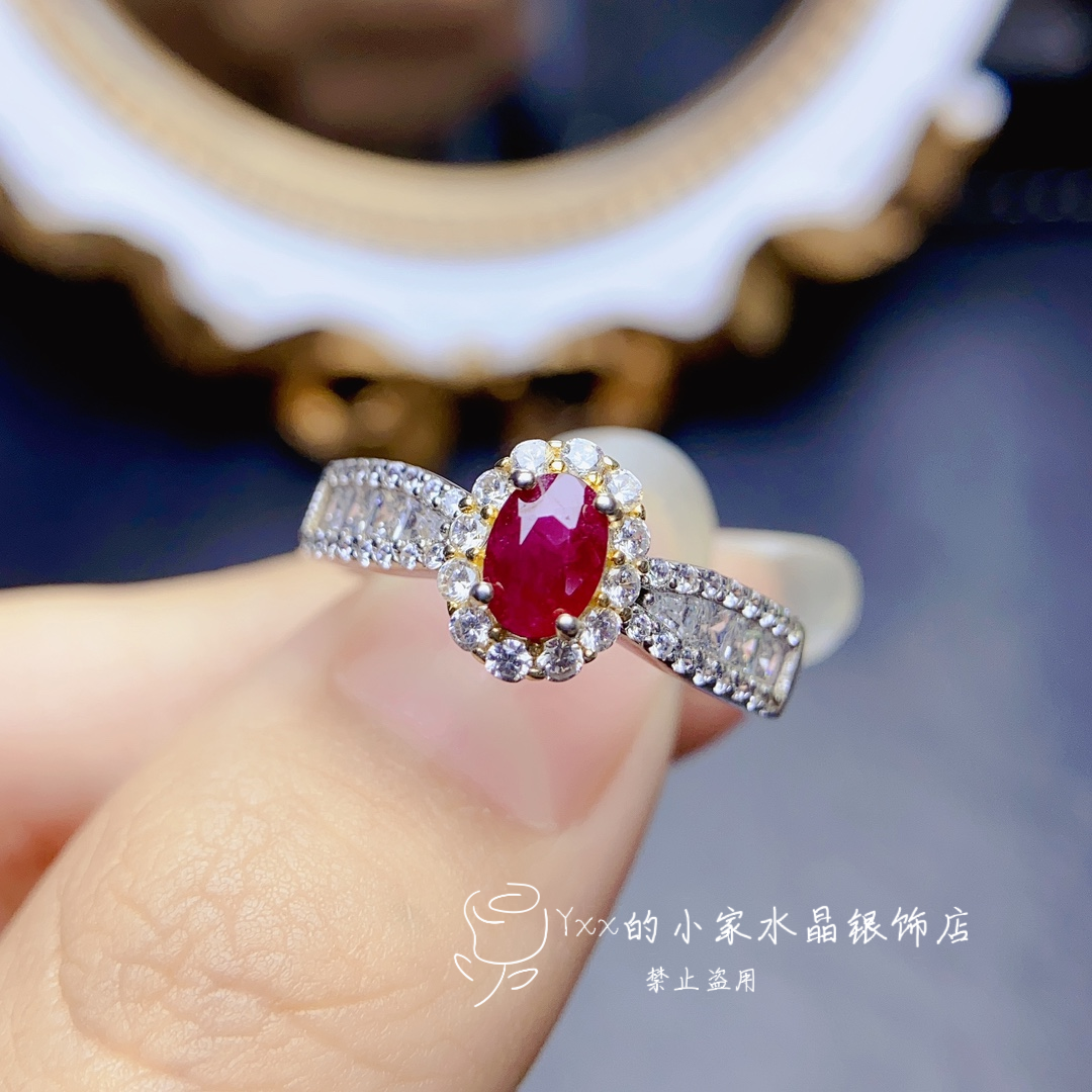 天然红宝石戒指女 纯银镶嵌宝石4乘6简约银饰指环个性百搭开口戒