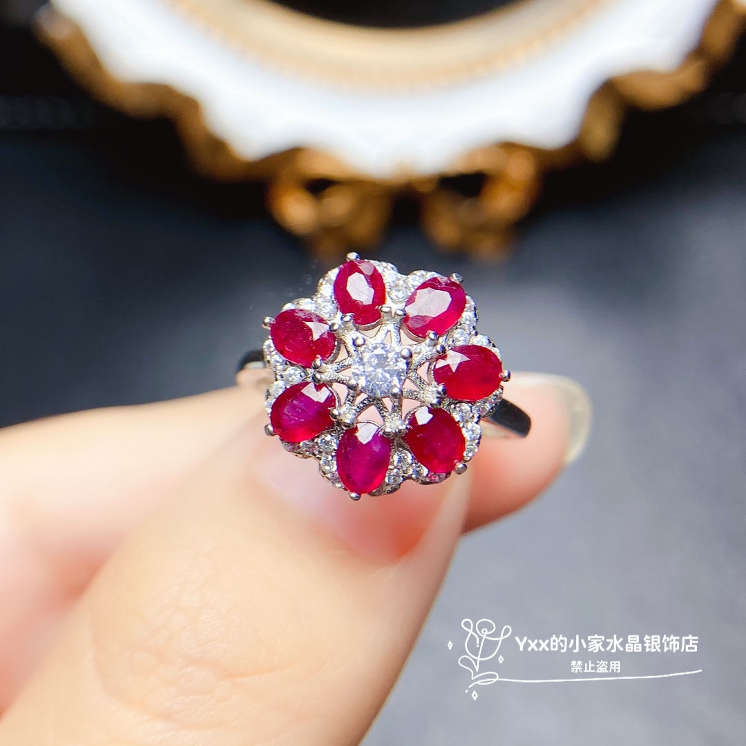 天然红宝石戒指女纯银镶嵌宝石3乘4老烧精美花朵银饰指环开口