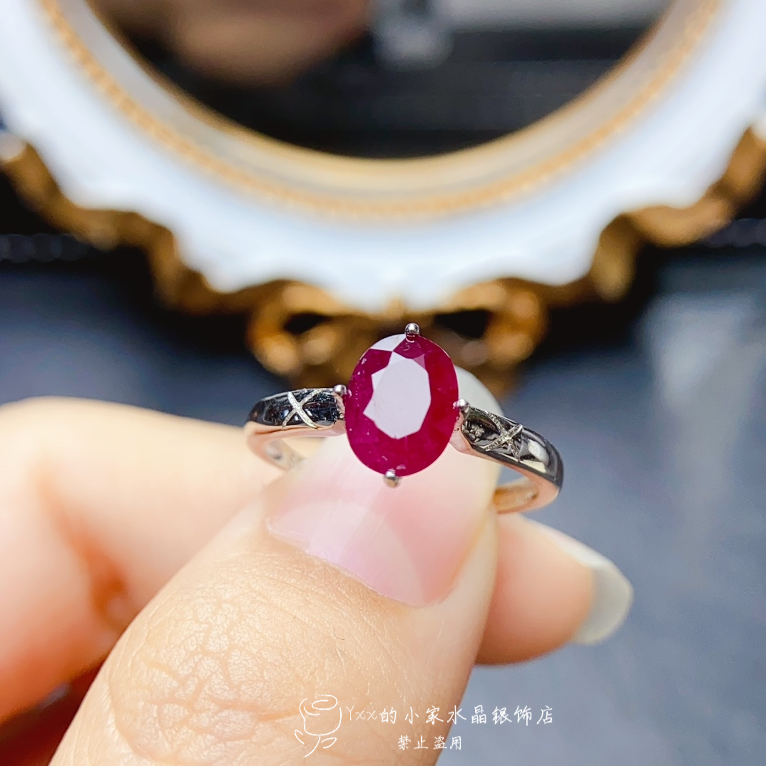 天然红宝石戒指女纯银镶嵌宝石6乘8老烧简约经典时尚银饰开口指环