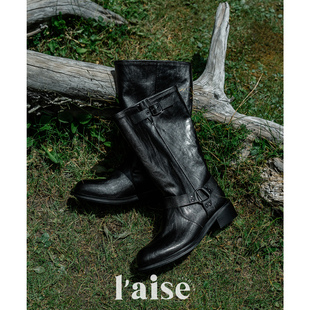 靴手工中筒靴厚底骑士靴女 疯马牛皮复古秋冬时装 aise自在系列