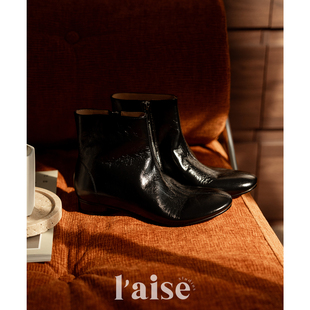 Shoes Stylish 进口皱漆牛皮复古平底圆头踝靴短靴子女 aise