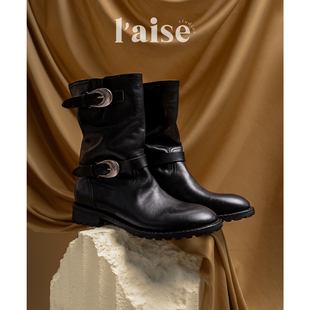 孟加拉植鞣油蜡牛皮 Bow Vienna 重磅复古短靴皮扣西部靴 aise