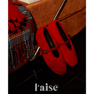 羊皮毛一体毛毛鞋 小众设计秋冬红色外穿毛绒玛丽珍单鞋 女 aise