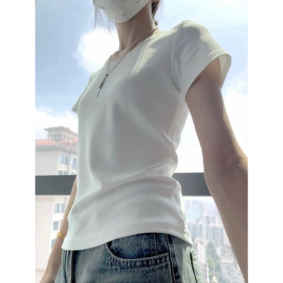 白色掐腰U领正肩短袖t恤女夏季纯棉圆领内搭打底辣妹修身显瘦上衣