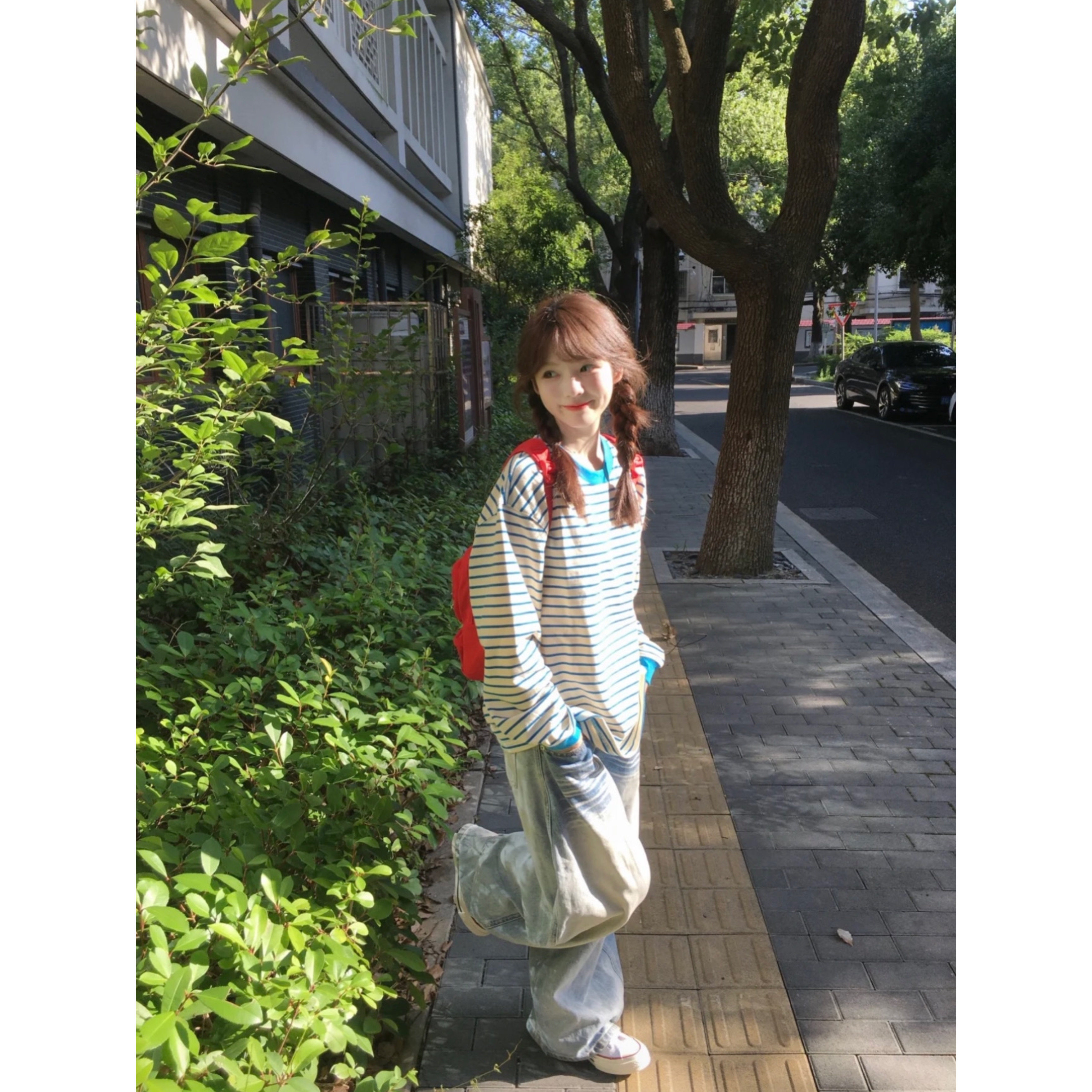 美式复古纯棉撞色条纹长袖t恤女2026新款秋季宽松设计感小众上衣 - 实物图