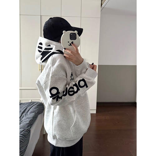 美式高街植绒刺绣连帽卫衣女春秋宽松休闲百搭情侣潮牌慵懒风外套
