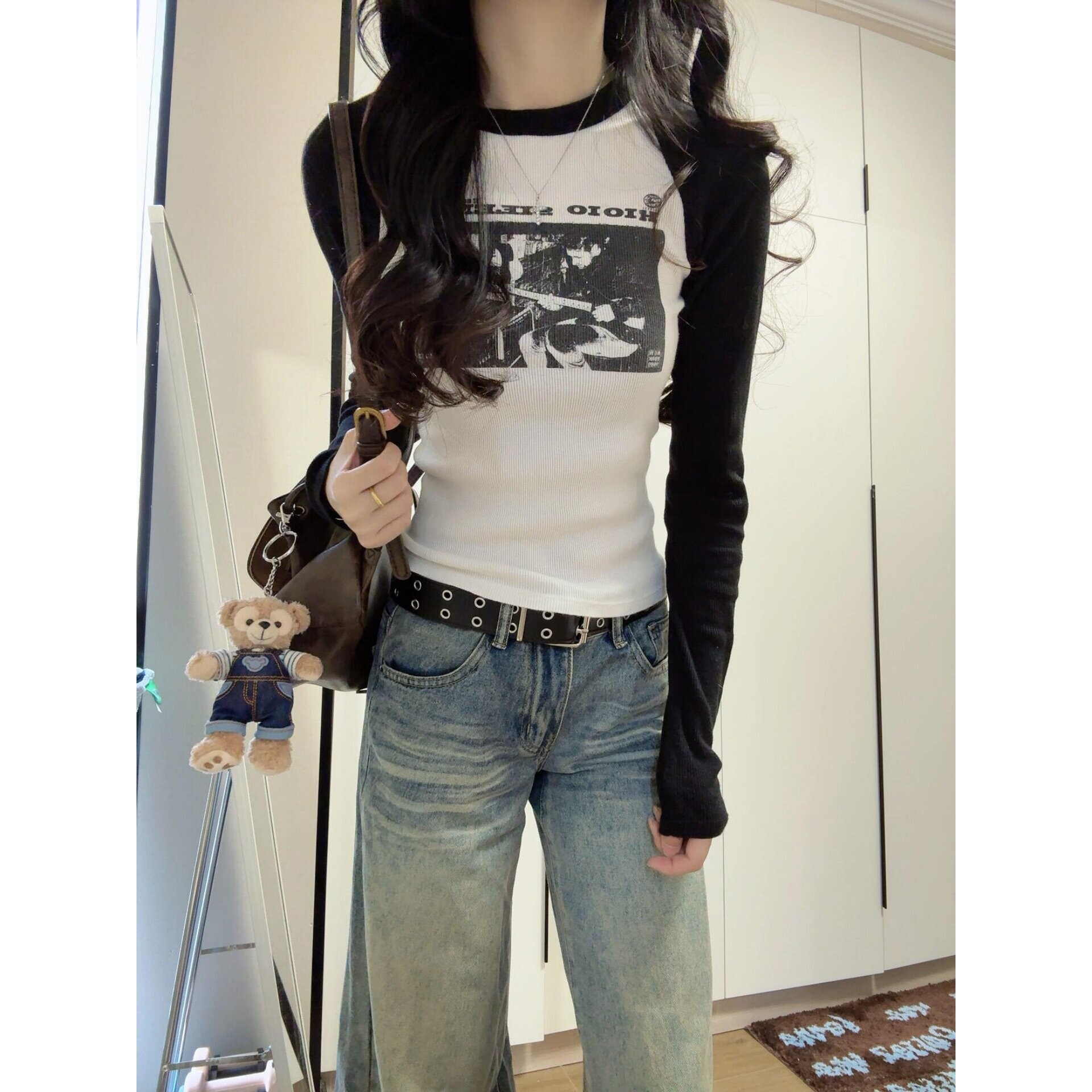 美式复古吉他手印花拼色长袖插肩T恤女春夏季修身纯棉打底衫上衣