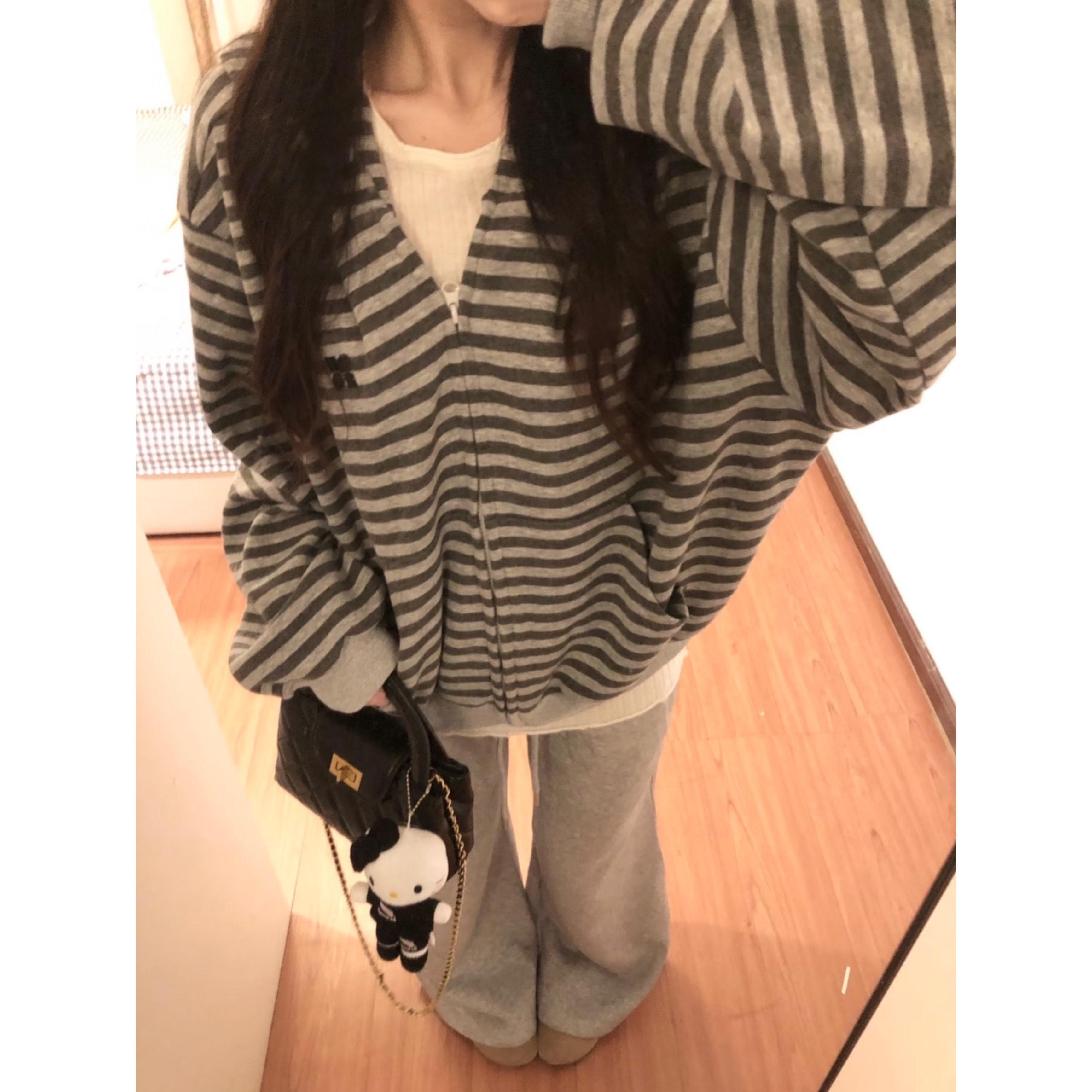 韩系复古条纹连帽卫衣女款春秋季开衫拉链宽松2026新款慵懒风外套图片