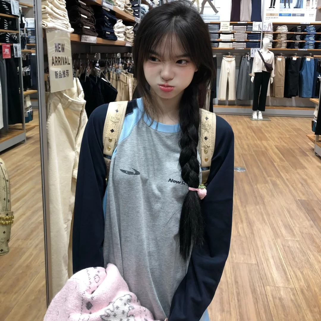 美式复古插肩撞色纯棉长袖t恤女