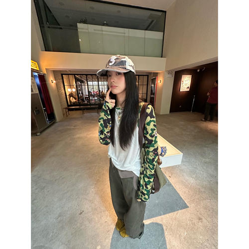 国潮牌美式复古迷彩插肩长袖t恤女夏季薄款微透宽松防晒罩衫上衣