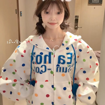 美式复古字母刺绣波点连帽卫衣女春秋设计感小众宽松百搭开衫外套