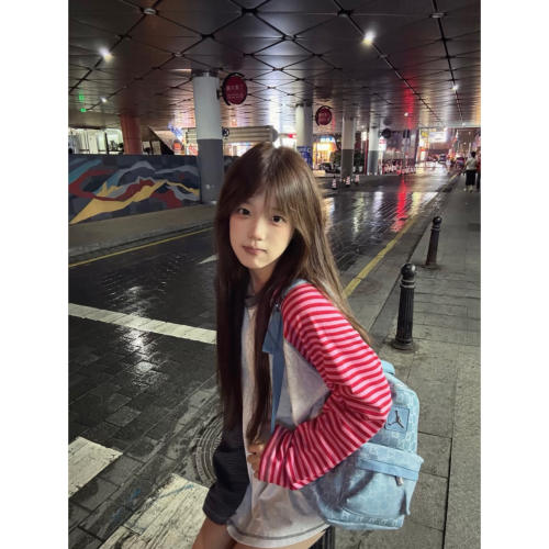 美式复古撞色条纹刺绣长袖t恤女秋季宽松休闲百搭设计感小众上衣