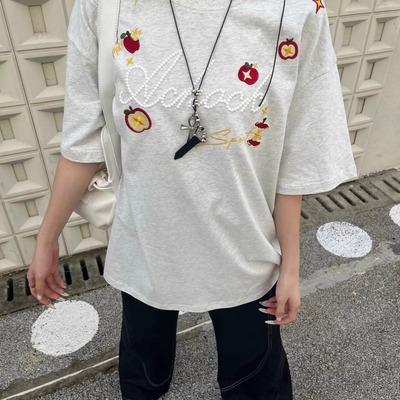 美式复古字母钉珠刺绣短袖t恤女