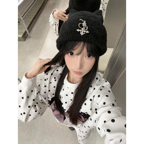 慵懒风满印波点小猫贴布刺绣卫衣女春秋宽松休闲百搭韩系长袖上衣