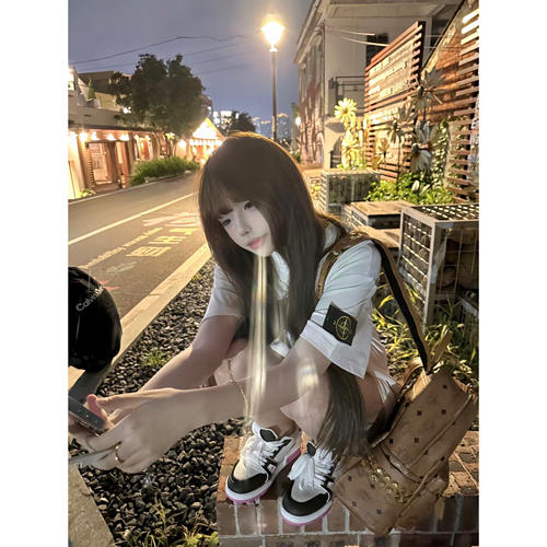 美式高街石头岛刺绣徽章短袖t恤女夏季宽松休闲情侣半袖纯棉上衣