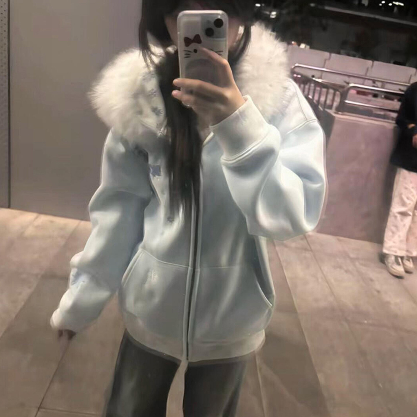 美式复古毛领拉链加绒卫衣外套女