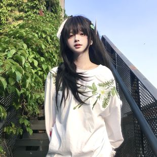 花卉刺绣纯棉长袖 美式 t恤女国潮春秋慵懒设计感小众情侣宽松上衣