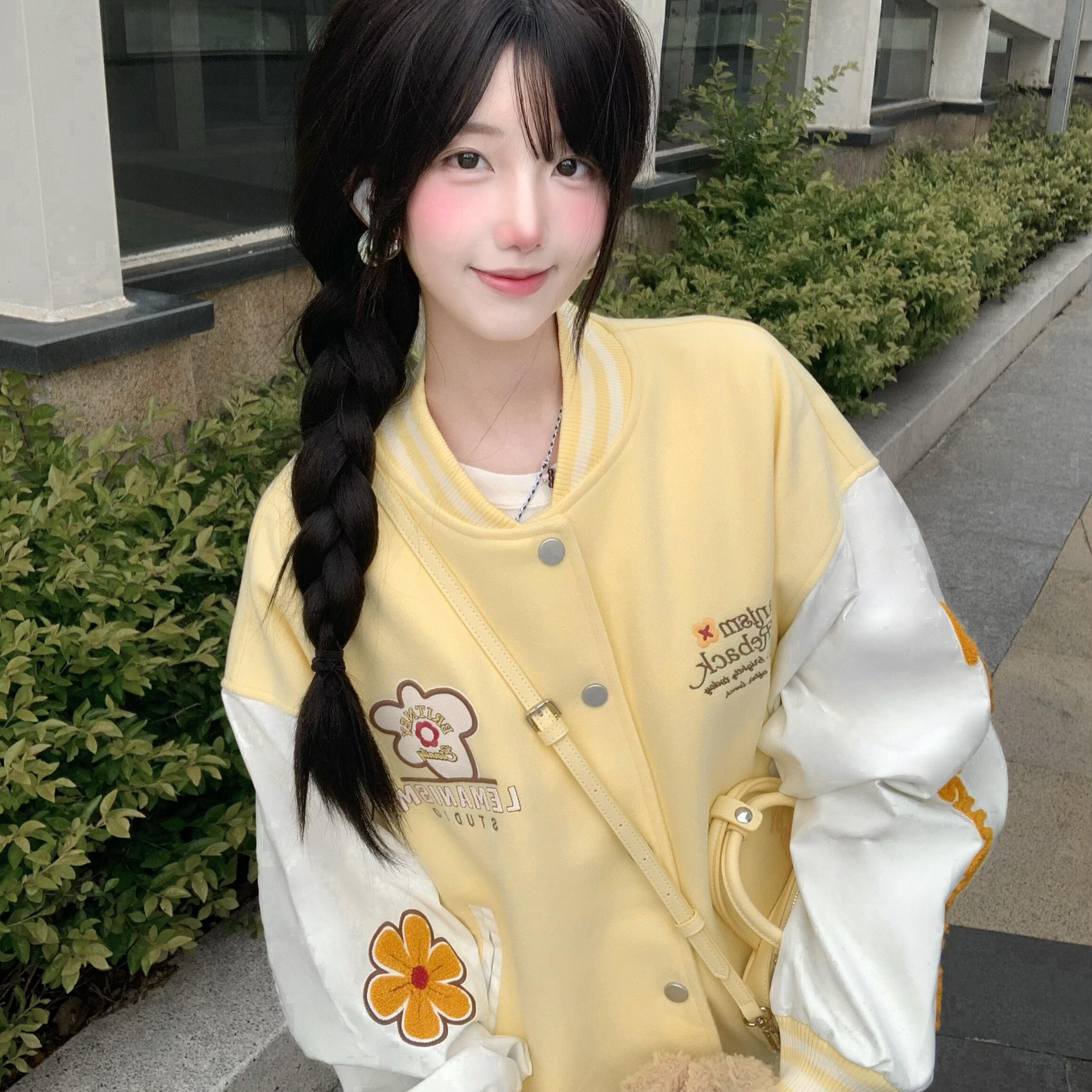 美式高街花朵刺绣棒球服外套女