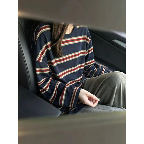 韩系复古撞色条纹圆领长袖t恤女秋季慵懒风宽松打底衫内搭上衣