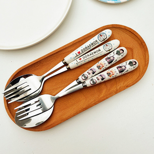 陶瓷手柄不锈钢卡通勺子叉子创意家用儿童餐具长柄调羹可爱小匙子