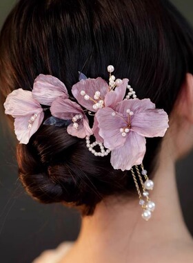 布艺花朵唐风边夹侧边发夹盘发头饰汉服后压古风后脑勺发饰紫色