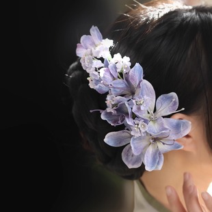 蓝色花朵超仙气汉服头饰古风盘发发夹唐风发饰侧边夹古典舞配饰女