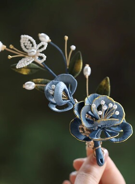 手工缠花新中式国风发夹古风汉服侧边头饰古典舞发饰蓝色旗袍配饰