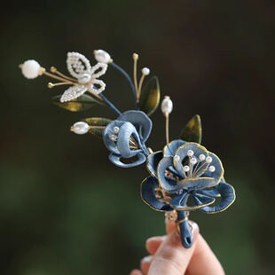 手工缠花新中式国风发夹古风汉服侧边头饰古典舞发饰蓝色旗袍配饰