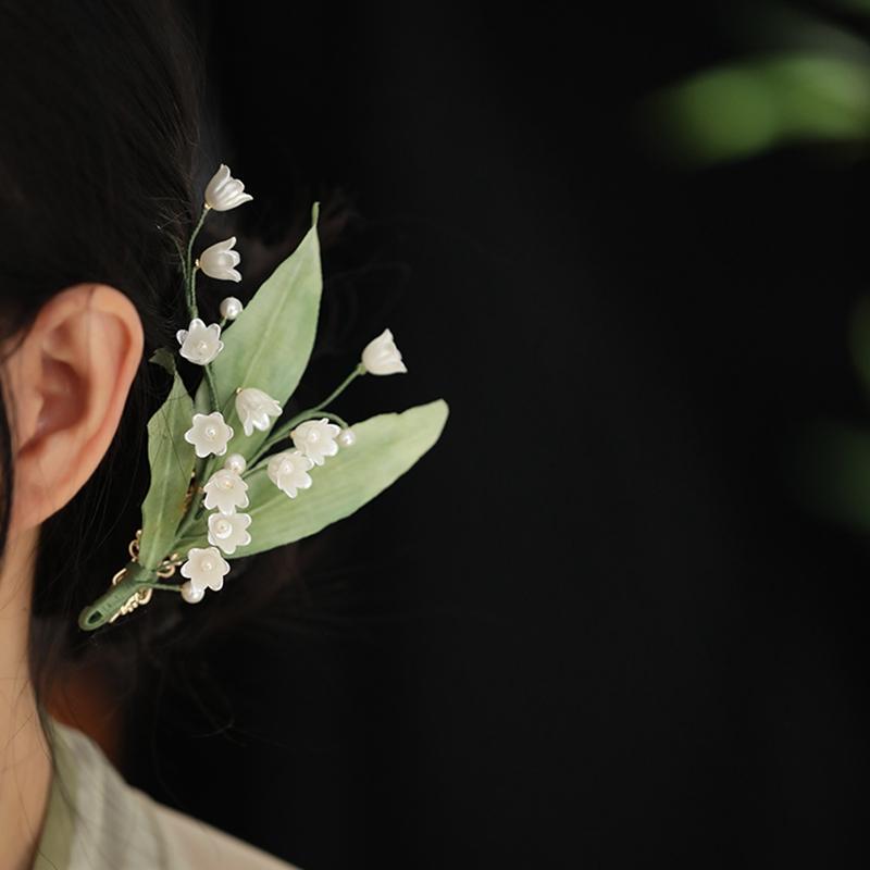 超仙汉服头饰真丝烫花铃兰发夹女古风新中式森系仙美发饰侧边夹子