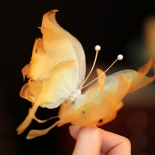 真丝烫花黄色渐变蝴蝶超仙森林系头饰古风汉服发夹侧边古典舞发饰