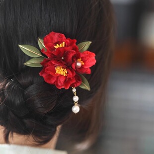 红色花朵流苏秀禾发饰汉服侧边夹女结婚晨袍配饰发夹古风国风头饰
