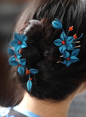 新中式蓝色发簪汉服头饰国风缠花发钗簪子复古气质旗袍简约盘发女