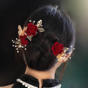 秀禾头饰复古红玫瑰金叶子发钗女高级感轻奢古典优雅新娘中式头饰