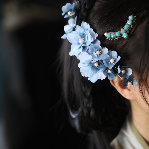 古风仙美汉服头饰发夹侧边唐风诃子裙花朵发饰中式古典清汉女夏季