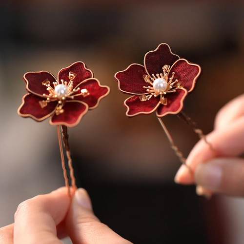 2024新款高端红色花朵u簪点缀
